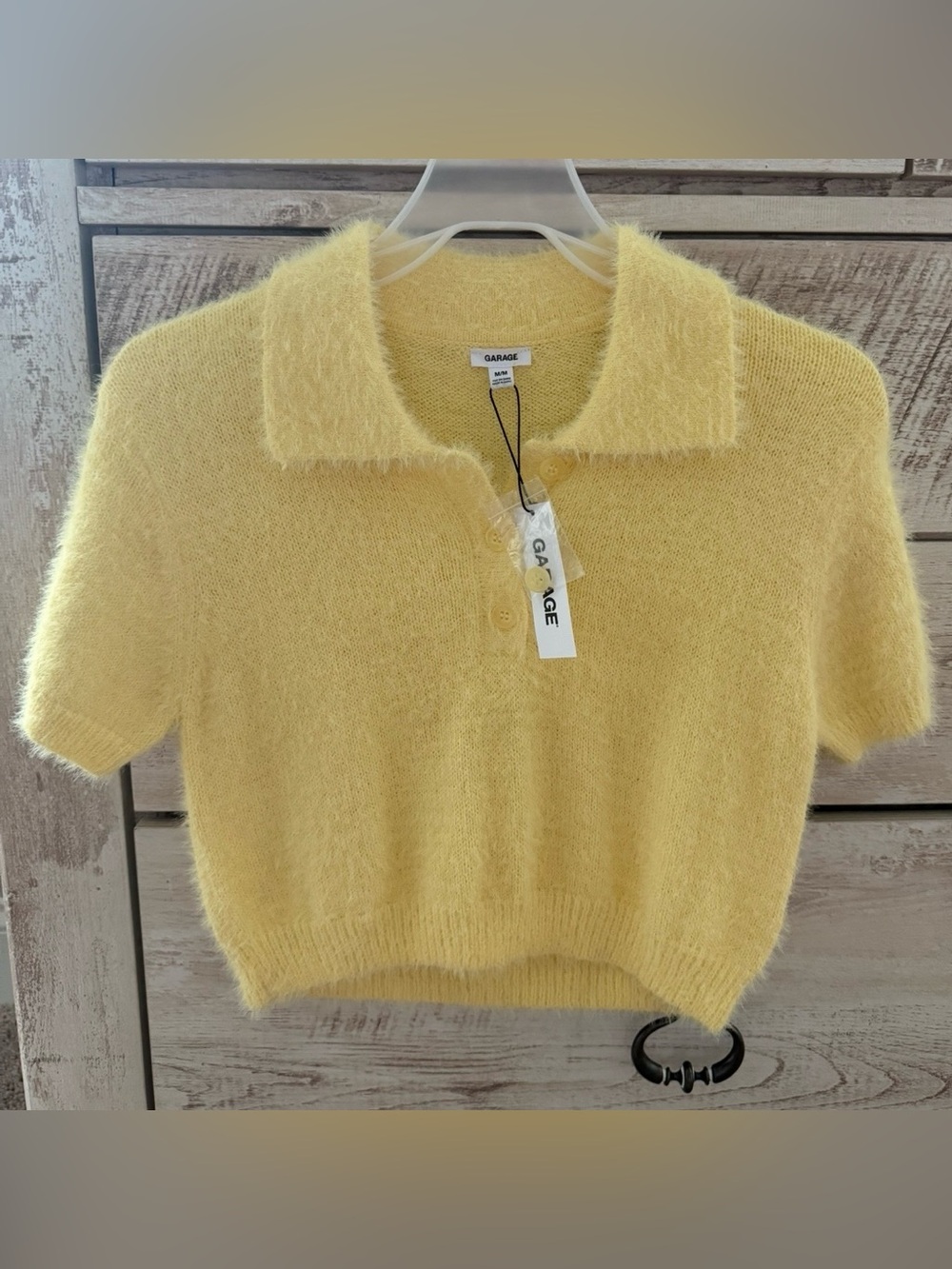 Garage Fuzzy eyelash Pale Crop Yellow Polo Sweater